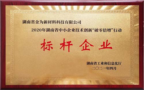 金为新材荣获2020年湖南省技术创新“破零倍增”标杆企业